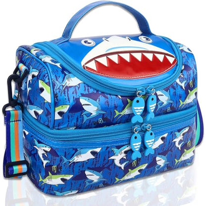 RHCPFOVR Kids Lunch Bag - Double - Decker Cooler Insulated Lunch Box for Boys Girls,Washable Lunch Bag and Reusable Toddler Lunchbox for School and Daycare - color: Blue Shark