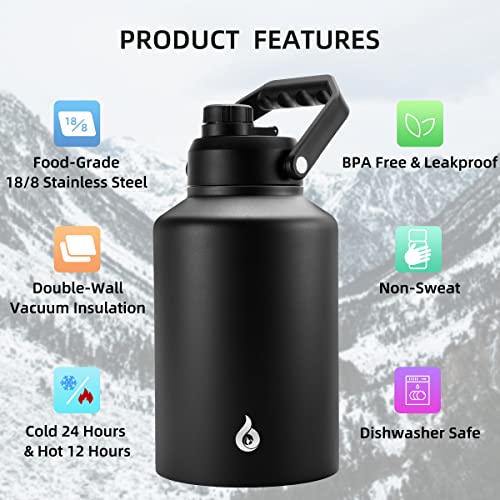 BJPKPK One Gallon(128 oz) Insulated Water Bottle, Dishwasher Safe Stainless Steel Jug, BPA Free Jug with Ergonomic Handle & Anti-slip Bottom, Large Water Bottle, Black - color: Black, style: 128oz