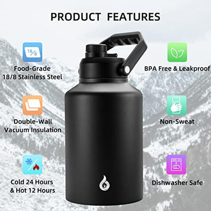 BJPKPK One Gallon(128 oz) Insulated Water Bottle, Dishwasher Safe Stainless Steel Jug, BPA Free Jug with Ergonomic Handle & Anti-slip Bottom, Large Water Bottle, Black - color: Black, style: 128oz