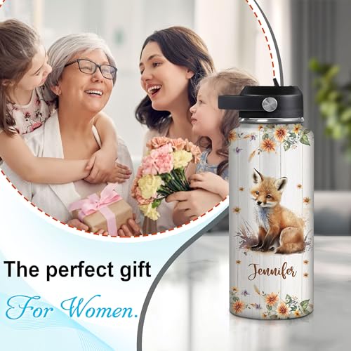 Hyturtle Personalized Fox Water Bottle - Insulated Stainless Steel Bottle with Leak-Proof Lid 18oz 32oz - Floral Fox Gift for Women, Girls, Fox Lovers, Animal Lovers - Birthday & Christmas Gift - color: Fox