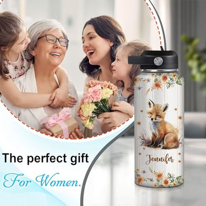 Hyturtle Personalized Fox Water Bottle - Insulated Stainless Steel Bottle with Leak-Proof Lid 18oz 32oz - Floral Fox Gift for Women, Girls, Fox Lovers, Animal Lovers - Birthday & Christmas Gift - color: Fox