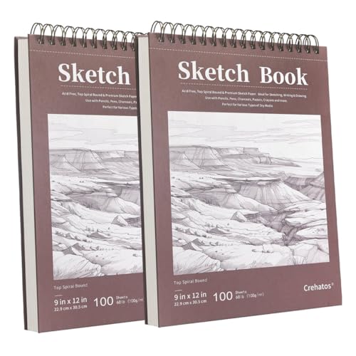 Crehatos 9" x 12" Sketch Book 100 Sheets Each, 2 Pack | Top Spiral Bound Sketch Pad, 68lb/100gsm Drawing Paper for Dry Media - size: 9" x 12" (2 Pack)