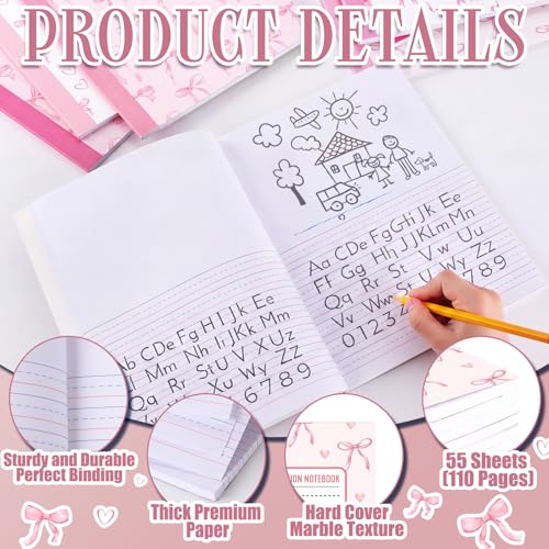 Gueevin 6 Pack Pink Bow Primary Composition Notebook with Picture Space Bulk for Grades K-2 110 Page 8.5 X11'' Half Primary Journal K-2 Drawing Story for Back to School First Day of School - style: Pink Bow