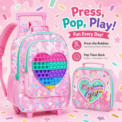 WZLVO 4PCS Love Rolling Backpack for Girls - Cute Wheeled School Set with Lunch Box,Water Resistant Roller School Backpack on Wheels for Elementary Kids Travel - color: Girls Rolling Backpack - Popular Heart