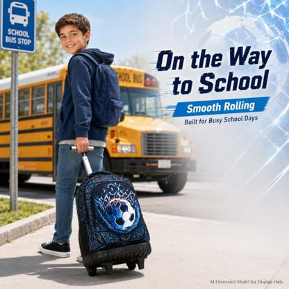 HPJGD 3PCS Soccer Rolling Backpack for Boys, Kids School Backpacks with Wheels, Water Resistant Roller Wheeled Bookbag Set with Lunch Box - color: Black Soccer Rolling Set