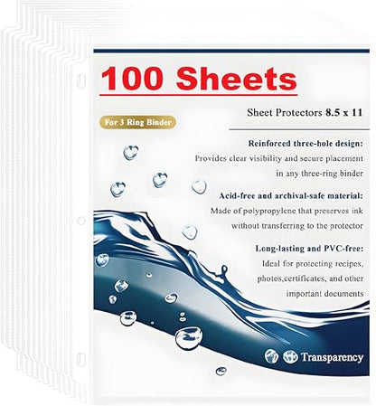 100 Pack Clear Sheet Protectors for 3 Ring Binder, Heavy Duty Plastic Sleeves 8.5 x 11, Top Loading Page Protectors for Documents, Photos & Paper, Letter Size