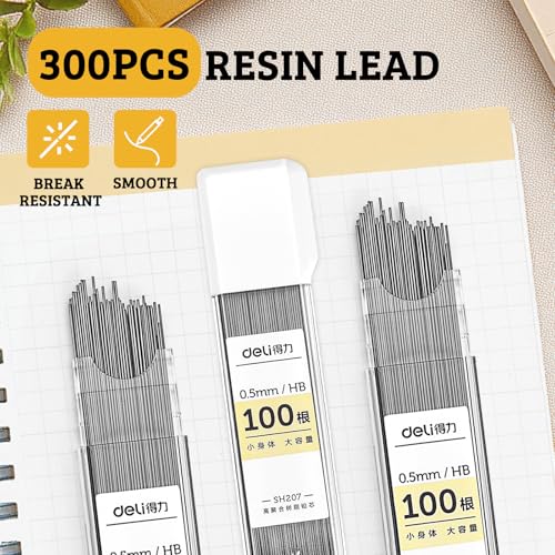 deli 0.5mm Mechanical Pencil Set, 3 PCS White Mechanical Pencils with 300PCS HB Leads & 3 Erasers, Aesthetic School Supplies for Art, Drafting, Writing, Students