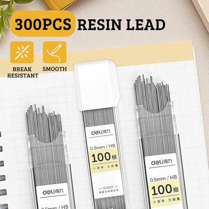 deli 0.5mm Mechanical Pencil Set, 3 PCS White Mechanical Pencils with 300PCS HB Leads & 3 Erasers, Aesthetic School Supplies for Art, Drafting, Writing, Students