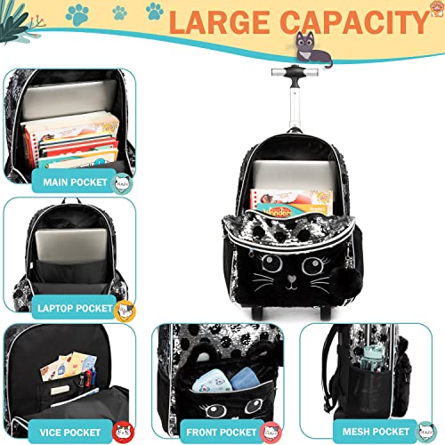 Girls Kids Rolling Backpack with Wheels Trolley School Bag Waterproof Travel Luggage for Kids Girls and Students lunch bag Lightweight and Multi functional 5-10 Years Old - color: Black Cat