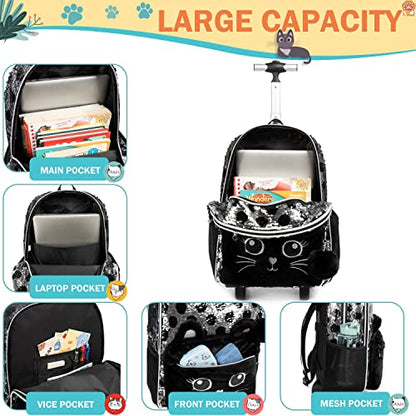 Girls Kids Rolling Backpack with Wheels Trolley School Bag Waterproof Travel Luggage for Kids Girls and Students lunch bag Lightweight and Multi functional 5-10 Years Old - color: Black Cat