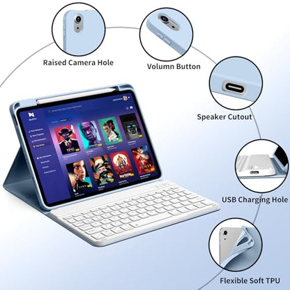 kenke for iPad 11/10th Gen Case with Keyboard 11/10.9 inch 2025 A16/2022, Detachable Wireless Bluetooth Keyboard Case with Bulit-in Pencil Holder, White Square Keycaps (Blue) - color: Blue