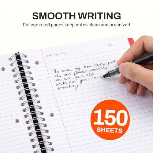SUNEE Spiral Notebook, 3 Subject, College Ruled Paper, 8" x 10-1/2", 150 Sheets/300 Pages, 3 Pocket Colored Dividers, Water Resistant Cover, Black - color: Black