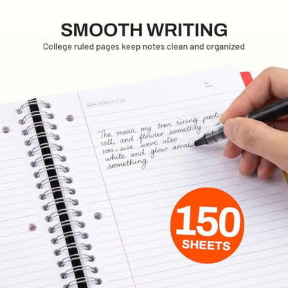 SUNEE Spiral Notebook, 3 Subject, College Ruled Paper, 8" x 10-1/2", 150 Sheets/300 Pages, 3 Pocket Colored Dividers, Water Resistant Cover, Black - color: Black