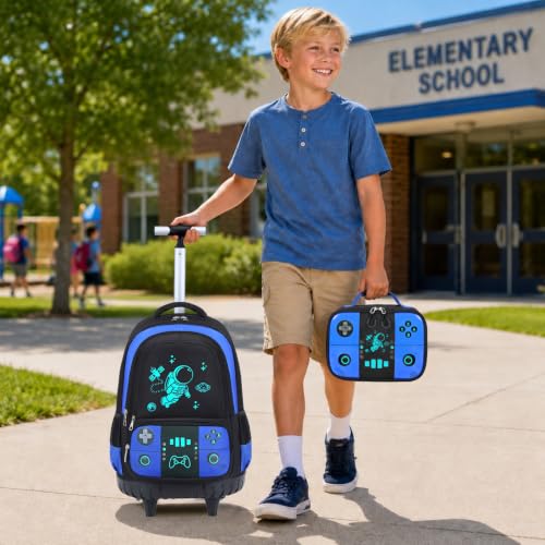 Bevalsa Rolling Backpack for Boys,Cool Luminous Gamer Roller School Backpacks with Lunch Box & Pencil Case,Kids Wheeled Schoolbag Bookbag with Wheels for Kindergarten Elementary School Travel - color: Blue Astronaut