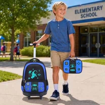 Bevalsa Rolling Backpack for Boys,Cool Luminous Gamer Roller School Backpacks with Lunch Box & Pencil Case,Kids Wheeled Schoolbag Bookbag with Wheels for Kindergarten Elementary School Travel - color: Blue Astronaut