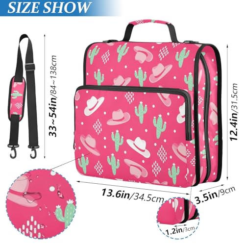 Cowboys Cowgirls Pink Pattern 3 Ring Zipper Binder with Shoulder Strap & Handle 1.5 Inch D-Ring Zippered Bag with Pencil Pouch, Expanding File Folder, Binder Organizer for School or Office - color: Cowboys Cactus Hat Red