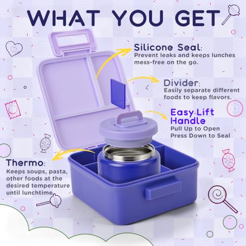 Bento Lunch Box for Kids with 8oz Thermo Containers for School,Camping | Vacuum Insulated Food Jar,Leakproof Silicone-Seal,5 Compartments with Dividers,Dishwasher & Refrigerator Safe,BPA-Free - color: Purple
