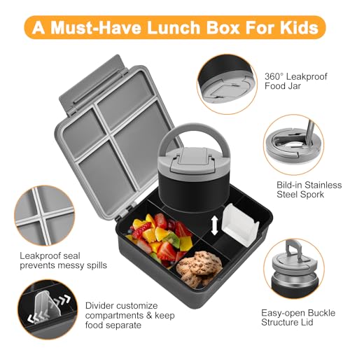 MAXSO Bento Lunch Box Set for Kids with 8 oz Soup Thermo, Leakproof Hot Food Container with 4 Compartments, Insulated Food Jar for Toddler Daycare Boys Girls School - Black - color: Black