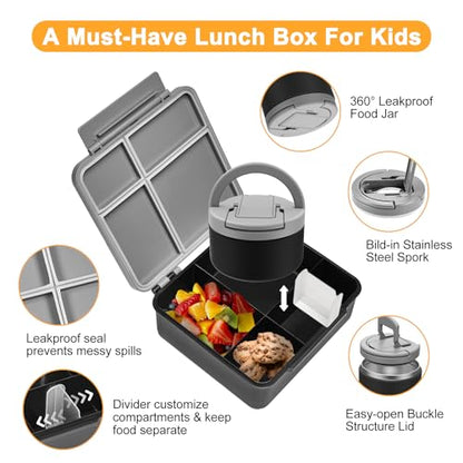 MAXSO Bento Lunch Box Set for Kids with 8 oz Soup Thermo, Leakproof Hot Food Container with 4 Compartments, Insulated Food Jar for Toddler Daycare Boys Girls School - Black - color: Black