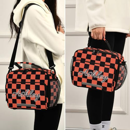 Custom Student Lunch Bag for Boys Girls Orang Black Checkered Personalized Lunch Box With Name Insulated Cooler Bag for School Picnic Travel - color: Multi13