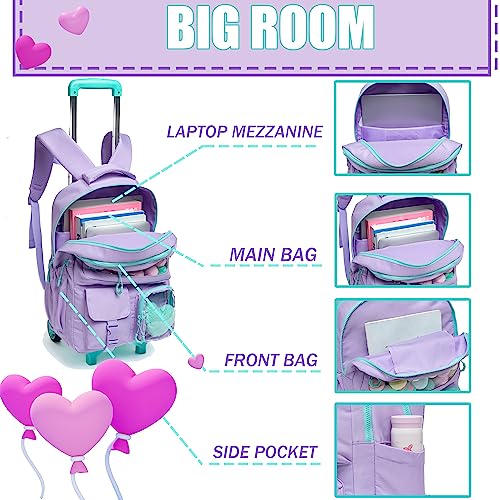 Rolling Backpack for Girls Kids Backpack with Wheels Backpacks for Elementary with Lunch Box Pencil Case Trolley Luggage - color: Purple