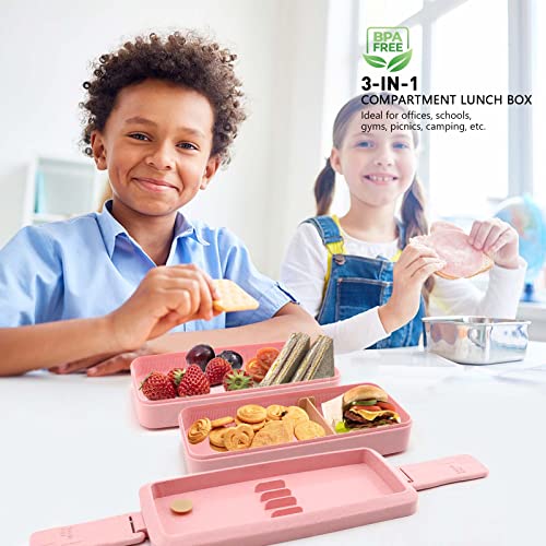 Bento Box Japanese Lunch Box Kit Leakproof Bento Lunch Box for Kids Adults Wheat Straw 3 Layer Stackable Lunch Containers with Compartment Eco-Friendly Meal Prep Containers (Pink) - color: Pink, size: 5Pcs