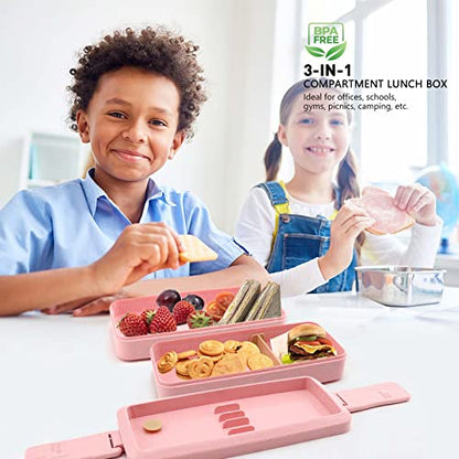 Bento Box Japanese Lunch Box Kit Leakproof Bento Lunch Box for Kids Adults Wheat Straw 3 Layer Stackable Lunch Containers with Compartment Eco-Friendly Meal Prep Containers (Pink) - color: Pink, size: 5Pcs
