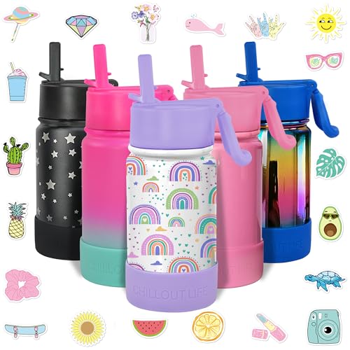 CHILLOUT LIFE 12oz Kids Insulated Stainless Steel Water Bottle with Leak Proof Straw Lid & 144 Stickers - color: Rainbows, style: 12 oz