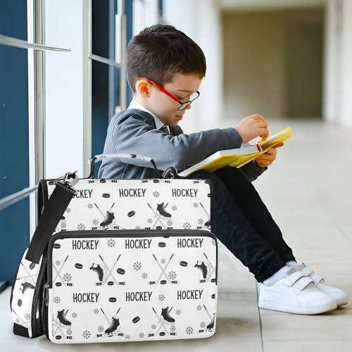 Zipper Binder Bag 3 Ring File Folder Portfolio Organizer Zippered Binder Bags with Strap Fits Laptop Women Men - color: Ice Hockey Black