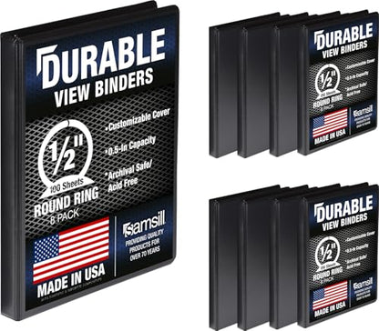 Samsill 8 Pack Durable 0.5 Inch 3 Ring Binders, Round Ring, Clear View Cover for Presentations, Black - color: Black, size: 0.5-Inch
