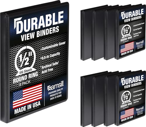 Samsill 8 Pack Durable 0.5 Inch 3 Ring Binders, Round Ring, Clear View Cover for Presentations, Black - color: Black, size: 0.5-Inch