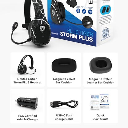 Blue Tiger Storm Plus Road Edition-Premium Trucker Bluetooth 5.2 Headset-Wireless Noise Canceling Mono Headset with Mic-High-Fidelity Sound,45-Hour Talk Time, USB-C Charging-for Truck Drivers