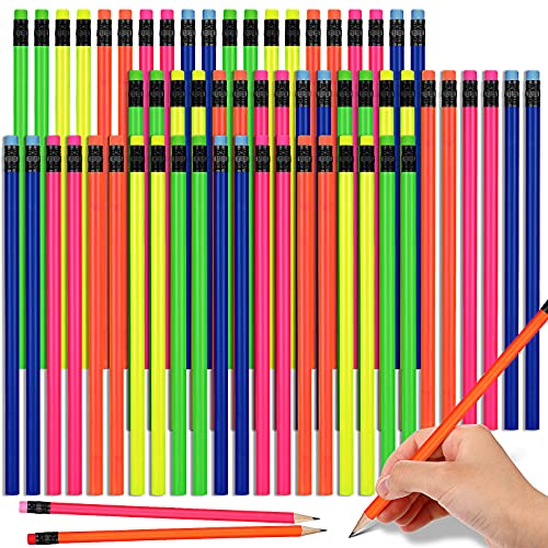 Outus Neon Pencils for Kids HB Wood Pencil with Eraser Fluorescent Colored Wood Pencils Colorful Round Pencils Writing Drawing Pencils School Student Reward Supplies (60)