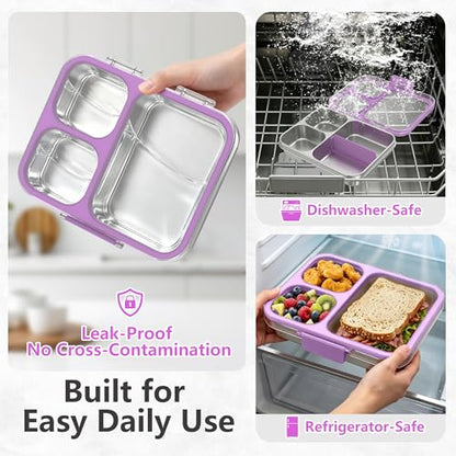 Stainless Steel Bento Lunch Box, 34oz/1000ml Leak Proof Metal Container, Lightweight 3mm Ultra-Narrow Bezel with Tritan Lid for Kids & Adults, 3-Compartment, BPA/BPS Free, Dishwasher Safe, Purple - color: Purple, size: 34oz/1000ml