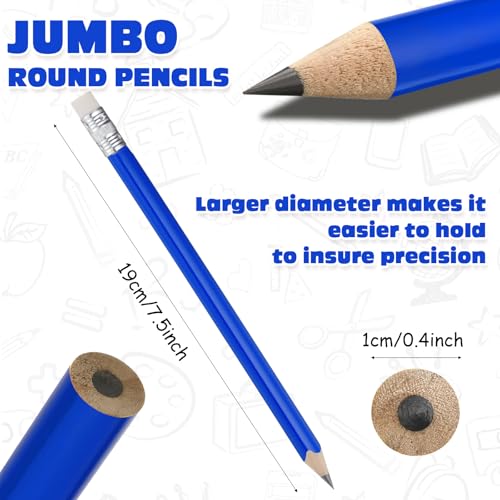 Fainne 48 Pcs Fat Pencils Jumbo Big Thick Large Pencils and 3 Pieces Sharpeners for Kids Beginners Preschoolers Kindergarten School Office Supplies (Blue+silver,Round) - color: Blue+Silver, style: Round