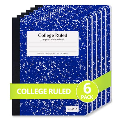 ONAVIA Composition Notebook College Ruled 6 Pack, 200 Pages, Marble Blue | 100 ct, 9.75 x 7.5 in, Durable Comp Book, School Notebooks, Students, Note Taking, Writing, Teachers - color: Blue, style: 6 Pack