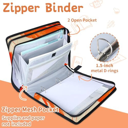 Shrimp Ocean Food Zipper Binder, 3 D-Ring Expanding File Folder with Handle & Adjustable Shoulder Strap, 400 Sheets Capacity Multi-Pocket Organizer for 13 Inch Laptop - color: Shrimp Ocean Food