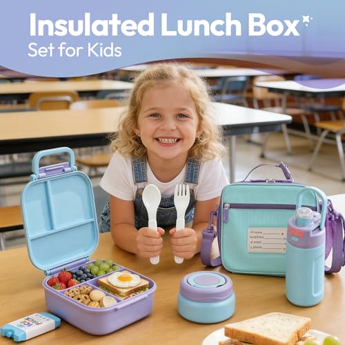 Itslife Bento Lunch Box for Kids Set, insulated food container, 7 oz thermos for hot food, 12 oz thermos water bottle, Reusable Insulated Ice Bag & Fork Spoon Utensils Camping Travel Purple - color: Purple