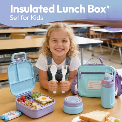 Itslife Bento Lunch Box for Kids Set, insulated food container, 7 oz thermos for hot food, 12 oz thermos water bottle, Reusable Insulated Ice Bag & Fork Spoon Utensils Camping Travel Purple - color: Purple