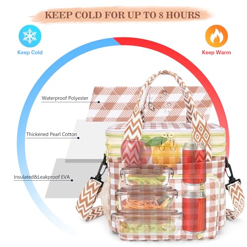 LOKASS Lunch Box for Women-16L-Insulated Lunch Bag Women, Expandable Double-layer Leakproof Cooler Bag with Upgrade Adjustable Shoulder Strap Ideal for Work/Travel/Picnics（Brown&White Check） - color: Brown&White Check
