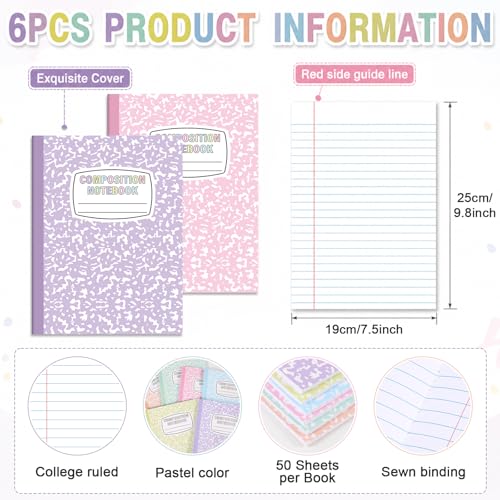 6 Pack Large Composition Notebooks Bulk 9.8 × 7.5 in Wide Ruled Hard Cover Composition Book Assorted Marble Journal College Ruled Paper for Adult Student College Office Back to School Supplies(Pastel) - size: 6 Pack, style: Pastel
