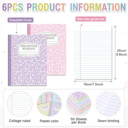 6 Pack Large Composition Notebooks Bulk 9.8 × 7.5 in Wide Ruled Hard Cover Composition Book Assorted Marble Journal College Ruled Paper for Adult Student College Office Back to School Supplies(Pastel) - size: 6 Pack, style: Pastel