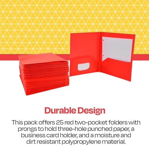School Smart 2-Pocket Poly Folders with Fasteners, Red, Pack of 25 - color: Red, style: Fasteners
