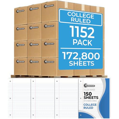 Rosmonde 1152 Pack Loose Leaf Paper Bulk, 172800 Sheets, College Ruled Bulk | Pallet of Filler Paper, 150 Sheets/Pack, 8 x 10.5", Bulk Notebook Paper, 3 Hole Punched, School & Office, 4-7 Days Transit - color: College Ruled, size: Full Pallet (172K Sheets