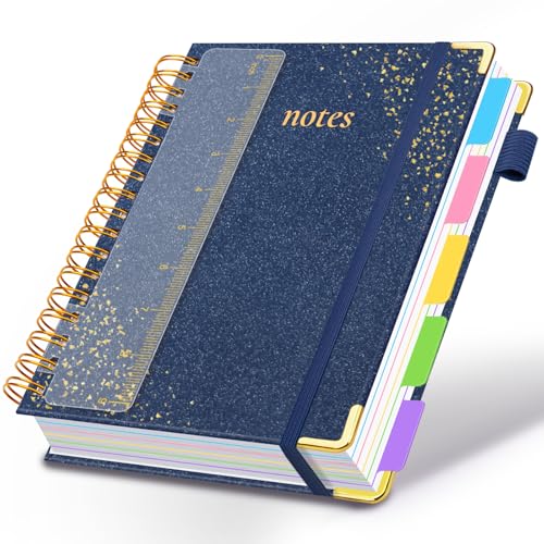 Hardcover Spiral Notebook with Removable Dividers & Tabs, 8"x10" 5 Subject Notebooks for Work, 300 Pages College Ruled Notebook, B5 Sparkle Lined Journal for Women Girls Note-Taking (Dark Blue) - color: Dark Blue, size: 8''x 10''