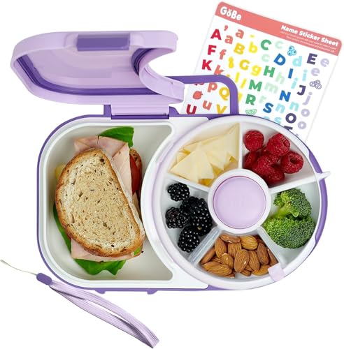 GoBe Kids Lunchbox with Small Snack Spinner Flip - Bundle with Hand Strap & Sticker Sheet, 2-in-1 Bento Style Lunch Container, 5 Small +1 Large Sandwich Compartment, BPA & PVC Free - Taro Purple - color: Taro Purple