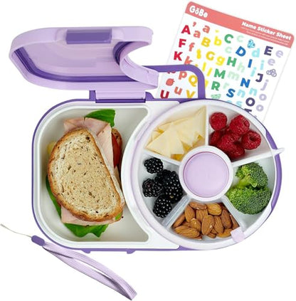 GoBe Kids Lunchbox with Small Snack Spinner Flip - Bundle with Hand Strap & Sticker Sheet, 2-in-1 Bento Style Lunch Container, 5 Small +1 Large Sandwich Compartment, BPA & PVC Free - Taro Purple - color: Taro Purple