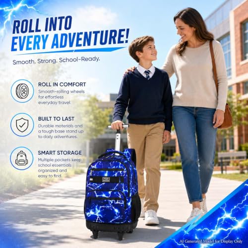 AGSDON Rolling Backpack for Boys, Men Roller Wheels Bookbag, Laptop Lightning Wheeled School Bag with Wheels for Teens - color: Blue