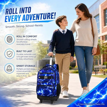 AGSDON Rolling Backpack for Boys, Men Roller Wheels Bookbag, Laptop Lightning Wheeled School Bag with Wheels for Teens - color: Blue