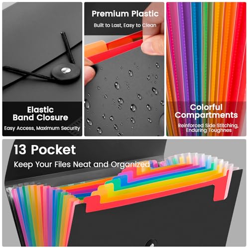 3 Pack Accordion File Organizer with Elastic Closure, 13 Pocket Expanding File Folder for Letter Size A4 Papers, Ideal for Home, Office Supplies, College Essentials - size: 3 Pack 13 Pocket